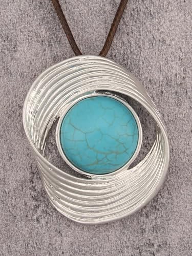 Kelake Leather Necklace for Women Men Teen Vinatge Boho Alloy Pendant Choker Jewelry Fashion Sweater Necklaces with Adjustable Genuine Leather Chain - color: Blue Turquoise Silver Swirl Pendant