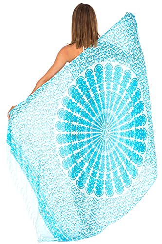 SHU-SHI Sarong Wraps for Women Long Beach Cover ups Pareo Bathing Suit Wrap Skirt Mandala Sarongs Coverup - color: Turquoise/White