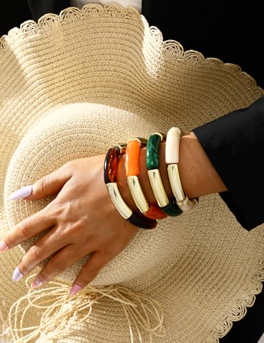 iF YOU 6pcs Chunky Acrylic Bangle Bracelets for Women, Resin Bamboo Brown Stretchy Bracelet Stack, Fashion Jewelry for Women - color: 4 Green & Orange bangles