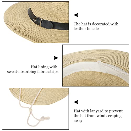 Wide Brim Straw Cowboy Hat for Men Women Western Cowgirl Sun Hat Packable UPF 50+ Beach Cap Shapeable Fedora Panama Cap - color: Beige