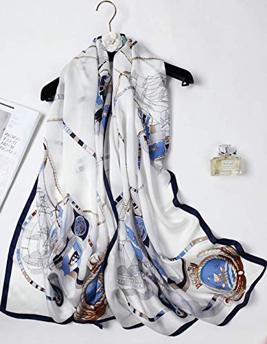 ANDANTINO 100% Silk Long Scarf-Women Large Oblong Shawls with Gift Packed - color: White&blue-sailing