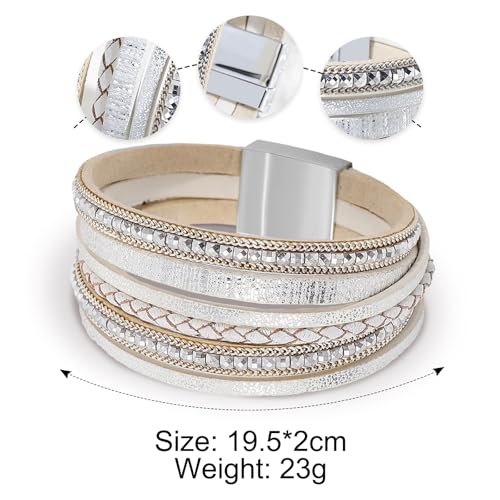 Fesciory Leather Wrap Bracelets for Women, Boho Leopard Multi-Layer Crystal Beads Cuff Bracelet Jewelry - color: Boho Braid(White)