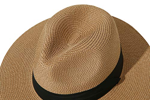Lanzom Women Wide Brim Straw Panama Roll up Hat Fedora Beach Sun Hat UPF50+ - color: Brown, size: One Size-Medium