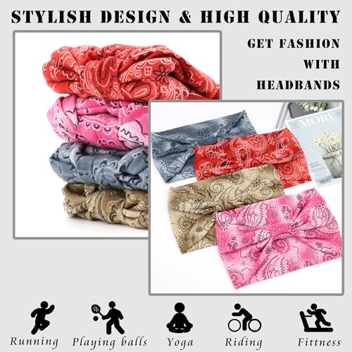 FULZTEY Boho Headbands for Women Wide Knotted Head Bands Paisley Floral Printed Hairbands Elastic Workout Yoga Cotton Turbans Large African Bandana Headwraps Fashion Hair Accessories 4Pcs - color: Style 105