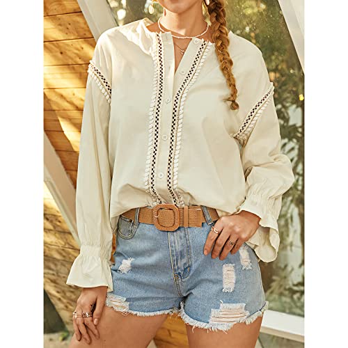VONMELLI 3 Pack Straw Woven Elastic Stretch Waist Belt Fashion Boho Dress Braided Belts for Women Khaki Beige Black M