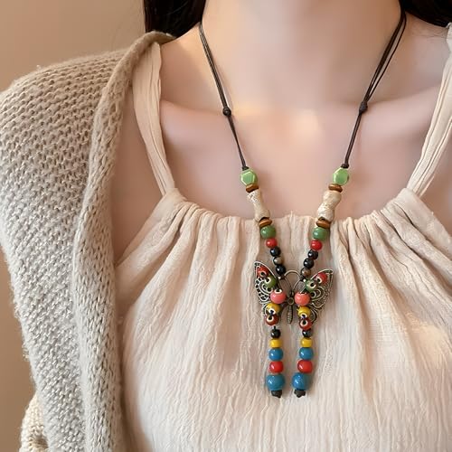 Boho Necklace for Women,Vintage Butterfly Pendant Necklaces,Adjustable Wooden Beads Layered Braided Choker,Fashion Tribal Style Leather Rope Necklace Jewelry,Chunky Statement Gift for Women - color: Colorful3