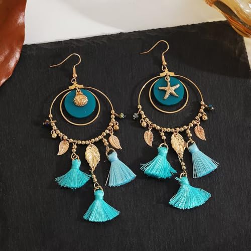 Ocean Starfish Shell Tassel Dangle Earrings for Women, Bohemian Blue Green Beach Sea Inspired Statement Dangle Boho Tropical Summer Vacation Jewelry Gift