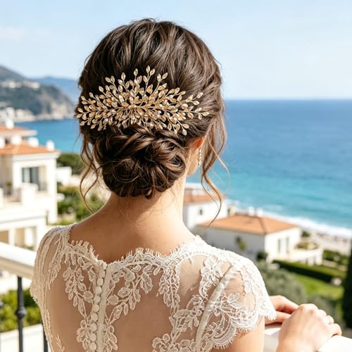 Rhinestone Leaf Wedding Hair Comb, Sparkly Bridal Hair Piece Accessories for Bride Bridesmaid Party Prom (Champagne) - color: Champagne