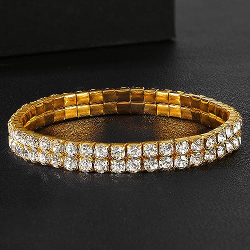 Zealmer Sparkle Multicolor Rhinestone Stackable Stretch Bracelets for Women - color: 2 Row Gold Bracelet