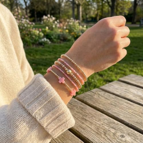 Gold Beaded Cross Bracelet for Women, 14K Plated Adjustable Stackable Dainty Bracelets, Non Tarnish Fashion Jewelry Set Gifts for Women Birthday Friendship - color: Colors-9