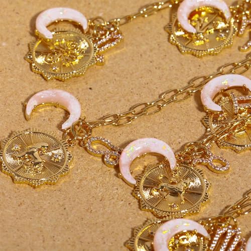 Dainty Gold Zodiac Embossed Coin Opal Crescent Moon Charm Necklace for Women Trendy 18K Gold Plated Retro Paperclip Chain 12 Constellation Horoscope Necklaces Astrology Jewelry Gifts - style: 11.AQUARIUS (JAN 20-FEB 18)