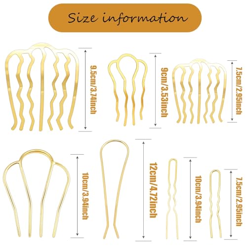 12 Pieces Hair Side Combs Metal Hair Fork Clip French Twist Comb Updo Hair Stick, U-Shape Teeth Styling Tools Messy Bun Maker Vintage Hairstyle Hair Pins Hair Accessories for Women and Girls - color: Gold