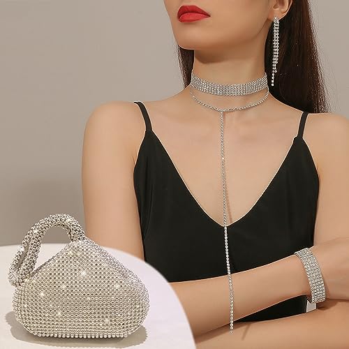 EIELO Rhinestone Jewelry Set for Women Wedding Bridal Triangle Clutch Bag Silvery Clutch Purse Glitter Choker Necklace Tennis Stretch Bracelets Ring Dangle Fringe Earrings Set - style: Triangle Clutch Bag