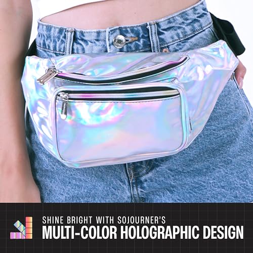 Holographic Fanny Pack Belt Bag | Waterproof Crossbody Bum Waist Pack - For Halloween, Rave, Hiking, Running, Travel (Silver) - color: Holographic - Silver