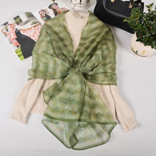 100% Mulberry Silk Women's Neck Silk Scarf-Lightweight Shawl,FLoral Print Beach Silk Wrap-Scarves for Photography - color: Green Striped