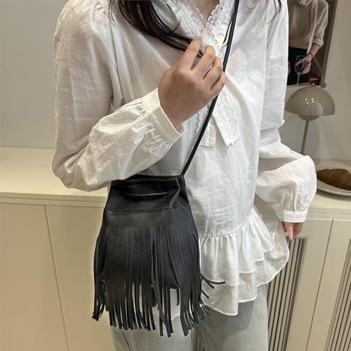 Women Leather Fringe Messenger Bag Mini Hobo Crossbody Tassel Shoulder Bags - color: Solid-black