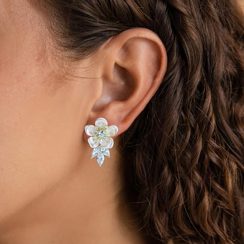Pink Flower Earrings for Women, 925 Sterling Silver Stud Earrings, Cute Plumeria Earrings For Women, Cherry Blossom Hypoallergenic Stud - color: White Plum Blossom