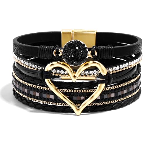 VIBILIA Boho Leather Wrap Bracelets for Women Multi-Layer Bracelets with Strong Clasp Jewelry for Women - color: 01-Heart-Black