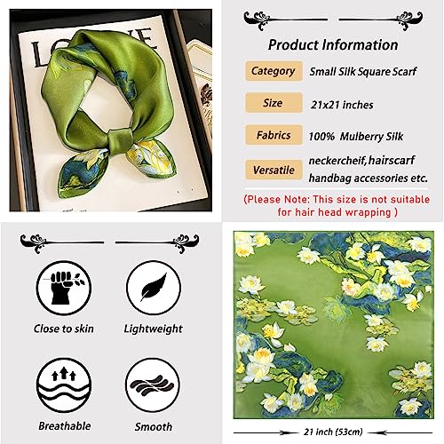 Ciormis 100% Mulberry Silk Scarf-Women's 21''/27''Square Silk Hair Head Scarf Neckerchief with Gift Packaged - color: 21''x 21''-style 08-water Lily