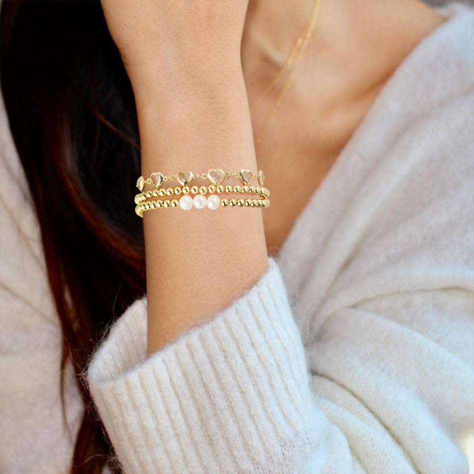 Dainty Gold Plated Pearl Crystal Beaded Bracelets Set for Women 14K Gold Plated Bead Pearl Beads Bracelet Stackable Paperclip Link Chain Bracelets Gold Plated Bracelets for Women Trendy Jewelry - color: Style8-gold beaded heart set