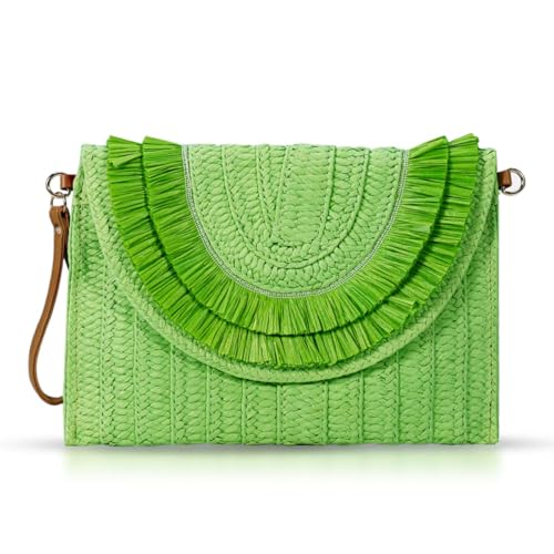 Crossbody Bags for Women, Straw Clutch Purses, Bohemian Handmade Woven Envelope Package, Tassel Handbags for Women | Bohemian - color: Light Green