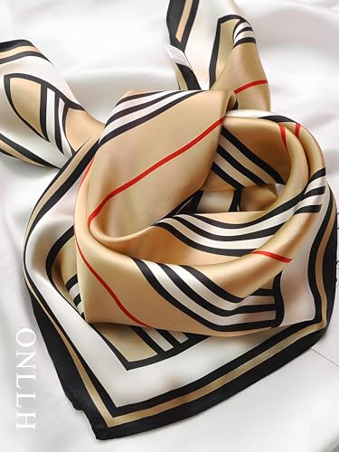 100% Mulberry Silk Scarf for Women Hair Lightweight Square Neckerchief Wrap For Head Scarves 21" - color: 32-khaki Stripes /21"*21"