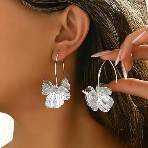 Gold Flower Statement Earrings for Women Boho Trendy Hoop Earrings Floral Dangle Petal Earring Prom Wedding Jewelry Gifts - color: B2:silver