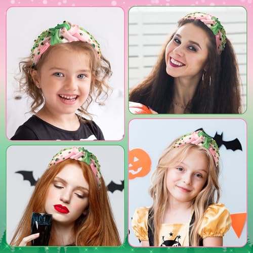 PANTIDE Witch Musical Jeweled Knotted Headband - Witch Musical Fans Gift Pearl Crystal Embellished Headband Wide Top Knot Fashion Pink Hairband Accessories Birthday for Women Girls (Green Rhinestone) - color: Pink Green Rhinestone