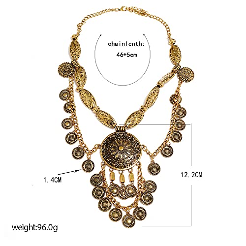 Vintage Engraved Coin Tassel Statement Collar Necklace for Women Ancient Gold Carving Big Round Layered Bohemia Long Chain Choker Gypsy Ethnic Boho Bib Exaggerate Pendant Personalized Retro Jewelry Gifts