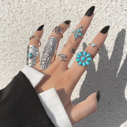 Western Rings Set for Women Red Boho Turquoise Ring Vintage Stackable Knuckle Rings Bohemian Cowboy Cowgirl Jewelry Country Concert Outfits - color: turquoise A