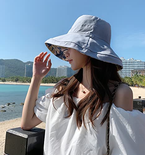 HUAMULAN Women Summer Sun Hat Wide Brim Wired Edge Floral Beach Bucket Hats Reversible Foldable Travel UV Protection Lady Hat - color: M1744-lightblue