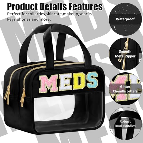 BuyCard Chenille Letter Clear Medicine Makeup Bag for Travel, Preppy Patch Nylon Cosmetic Meds Pouch with Handles and Zipper, Waterproof Large Travel Toiletry Bag Storage Case for Women Black - color: Black-MEDS