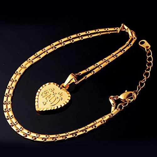 U7 Allah Necklace for Women/Men, 18K Gold Plated Square/Oval/Coin/Heart/Crescent Moon Islamic Pendant Necklace Muslim Jewelry with Chain - color: 07.Heart Necklace+Earrings Gold