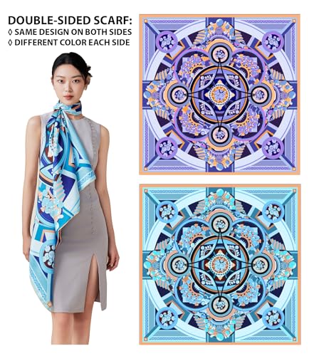 100% Silk Scarves, Extra-Large and XX-Large - color: Chinese Opera Art, Purple & Blue, Double-sided, Hand Rolled Edges