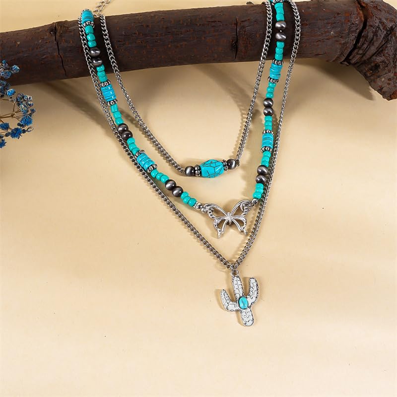 Pingyongchang Boho Layered Western Turquoise Necklaces for Women Vintage Stone Beaded Chokers Butterfly Catus Chain Country Concert Cowgirl Cowboy Jewelry Holiday Gifts - style: D Catus