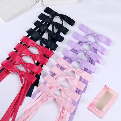 WORTL Hair Bows Clips Coquette Ribbon Bowknot with Long Tail Princess Hair Bows French Barrettes Hair Accessories for Women Girls 16PCS (Rose red, Dark Blue, Purple, Pink) - color: Rose red, Dark Blue, Purple, Pink