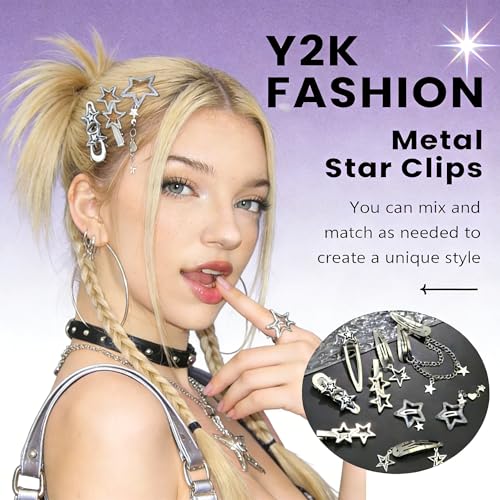 10PCS Y2K Silver Star Hair Clips, 8 Different Shapes Metal Pentagram Barrettes, Punk Kawaii 2000s Hair Clips Cute Y2K Accessories WomenStar Clips Hair for Women and Girls