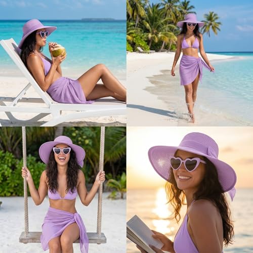 3 Pcs Summer Beach Set for Women Wide Brim Straw Sun Hat, Swimsuit Coverup Sarong, Heart Sunglasses - color: Purple