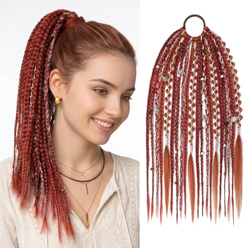 SEIKEA Boho Braided Ponytail Extension on Hair Tie, 16" Full Volume Lightweight Viking Dreadlock Ponytail Braid in Dreadlock Extensions with Beads and Shells, Festival Hair Accessories for Women Girls - color: Auburn Copper Twist