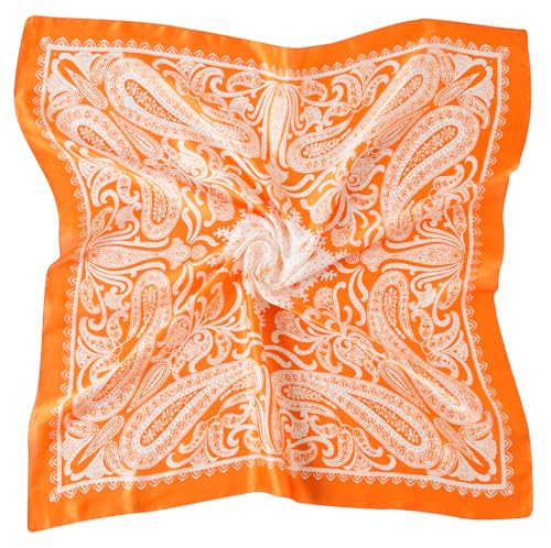 CHUNG Women's Scarf Hair Bandanas Square 27.5" Satin Wrap Fashion Pattern Scarves Emulation Silk Handbag Ribbons Necktie - color: Orange Paisley