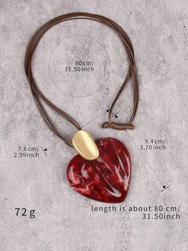 GelConnie Long Necklaces for Women Boho Large Pendant Necklace Casual Bohemian Brown Leather Choker Sweater Circle Statement Stone Necklace - style: Red Heart Gold Necklace