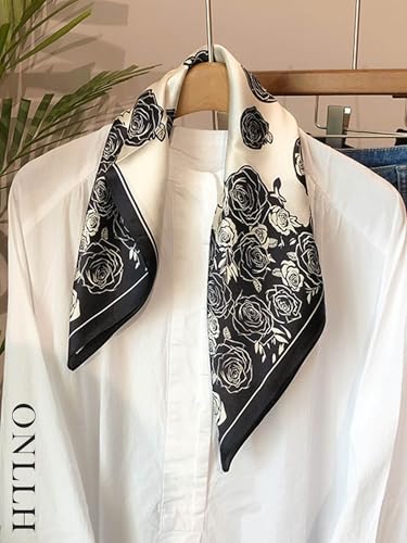 100% Mulberry Silk Scarf for Women Hair Lightweight Square Neckerchief Wrap For Head Scarves 21" - color: 21-black and White Flower Frame /21"*21"
