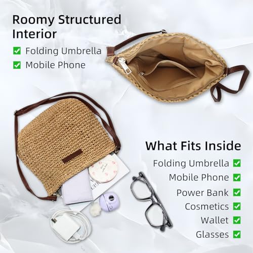 Straw Bag for Women Small Summer Beach Crossbody Bag Boho Handmade Weave Shoulder Handbags Purse for Vacation Travel - color: Khaki