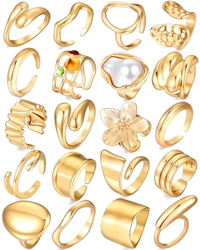 YEEZII 20 Pcs Gold Ring Set for Women, Chunky Statement Flower Finger Midi Rings, Big Boho Stacking Rings Pack Trendy Stuff Jewelry Gift - color: Gold-A-20Pcs