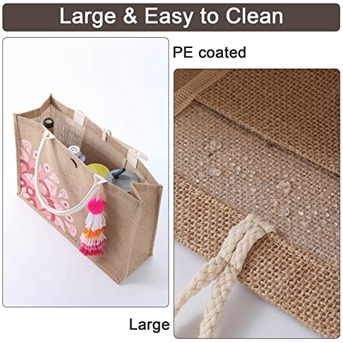 itgowisa Jute Beach Bag for Women, Burlap Beach Tote Bag with Tassel Pocket, Summer Gift for Vacation, Pool, Cruise & Grocery | Jute material - color: Pink Tassel