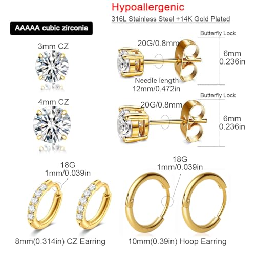 Gold Hoop Earrings Set: Dainty Stud Earrings 14K Gold Plated Earrings for Women Trendy Hypoallergenic Gold Stud Earrings 3-4mm Cubic Zirconia Cartilage Piercing Gold Jewelry for Women Gifts - color: Gold-Set-3/4/8/10mm