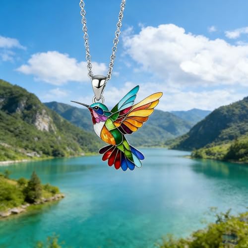 Hummingbird Necklace Earrings Set for Women Cute Colorful 2D Bird Pendant Necklace Acrylic Hypoallergenic Dangle Earrings Trendy Jewelry for Bird Lovers - color: Colorful