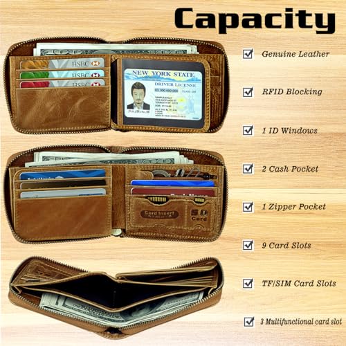 Admetus Mens RFID Blocking Wallets Zipper Leather Wallet for Men Bifold RFID Card Holder - color: Tan