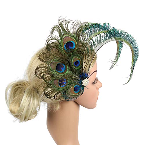 Fascinator Peacock Feather Hair Clips Flapper Headband Art Deco 20's Accessories for Women - color: 08green