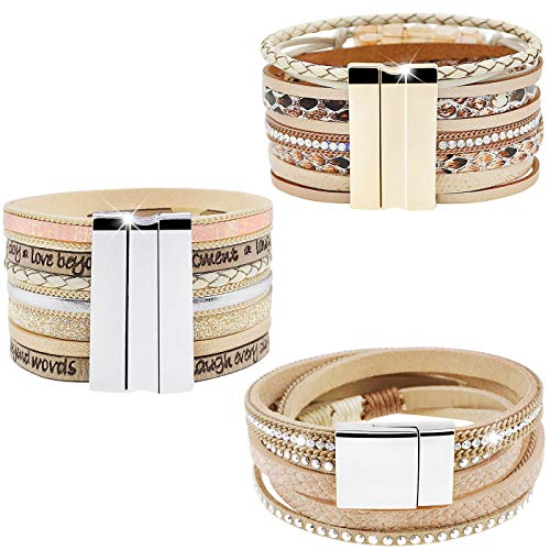 Leather Wrap Bracelet Set 3Pack Wrist Cuff Bracelet for Women Multilayer Magnetic Clasp Bracelet Feather Tree Bead Crystal Bracelet - color: Feather Tree Crystal